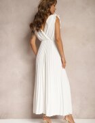  Rochie Albă Evazată Plisată din Vascoză și Bumbac cu elastic în talie Yefia