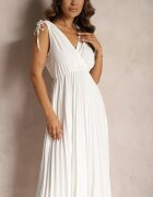  Rochie Albă Evazată Plisată din Vascoză și Bumbac cu elastic în talie Yefia