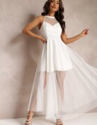  Rochie Albă Maxi din tul cu poală evazată și cupe întărite Jarissa