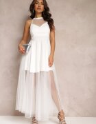  Rochie Albă Maxi din tul cu poală evazată și cupe întărite Jarissa