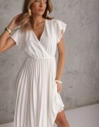  Rochie albă midi cu croială evazată cu decolteu petrecut și pliuri Axanntia