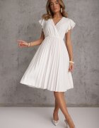  Rochie albă midi cu croială evazată cu decolteu petrecut și pliuri Axanntia