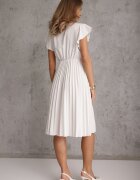  Rochie albă midi cu croială evazată cu decolteu petrecut și pliuri Axanntia