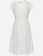  Rochie albă midi cu croială evazată cu decolteu petrecut și pliuri Axanntia