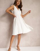  Rochie Albă Plisată cu Viscoză și Bumbac cu Decolteu Triunghiular și Elastic în Talie Liramla