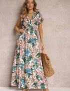  Rochie Albă-Verde din Viscoză Maxi Florală Mahiza