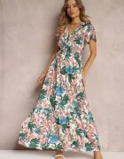  Rochie Albă-Verde din Viscoză Maxi Florală Mahiza