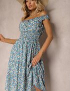  Rochie Albastră Cambrată din Bumbac cu Croială Evazată cu Elastic în Talie Nelyssa