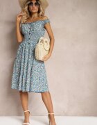  Rochie Albastră Cambrată din Bumbac cu Croială Evazată cu Elastic în Talie Nelyssa