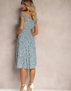  Rochie Albastră Cambrată din Bumbac cu Croială Evazată cu Elastic în Talie Nelyssa