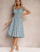  Rochie Albastră Cambrată din Bumbac cu Croială Evazată cu Elastic în Talie Nelyssa