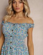  Rochie Albastră Cambrată din Bumbac cu Croială Evazată cu Elastic în Talie Nelyssa