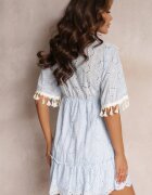  Rochie albastră din bumbac Boho cu broderie și șnururi Ladora