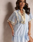  Rochie albastră din bumbac Boho cu broderie și șnururi Ladora