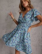  Rochie albastră din bumbac cu imprimeu floral mic decolteu tip portfard și elastic în talie Calnea
