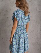  Rochie albastră din bumbac cu imprimeu floral mic decolteu tip portfard și elastic în talie Calnea