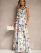  Rochie Albastru deschis din satin cu imprimeu floral Fenimea