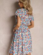  Rochie Albastru-Roșu din viscoză cu flori și decolteu petrecut Tienn