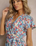  Rochie Albastru-Roșu din viscoză cu flori și decolteu petrecut Tienn