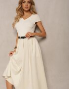  Rochie Bej cu croială evazată cu mânecă scurtă și centură din piele ecologică Frinna