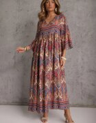  Rochie Bej deschis Evazată cu Imprimeu Paisley cu Mânecă 3/4 Briarwa