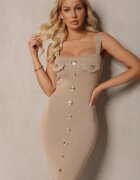  Rochie Bej Reiată cu bretele cu nasturi