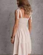  Rochie bejă de bumbac cu bretele cu elastic în talie cu croială evazată Holfea