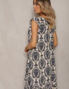  Rochie Bleumarin-Bej Boho din Bumbac cu bretele decorată cu volan Testalaya