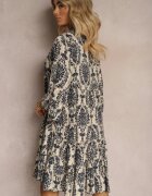  Rochie bleumarin-bej din bumbac cu croi evazat finisată cu volan Niloa