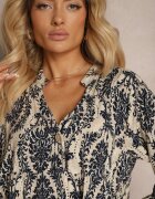  Rochie bleumarin-bej din bumbac cu croi evazat finisată cu volan Niloa