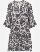  Rochie bleumarin-bej din bumbac cu croi evazat finisată cu volan Niloa