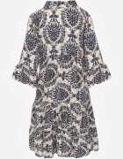  Rochie bleumarin-bej din bumbac cu croi evazat finisată cu volan Niloa