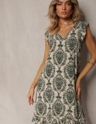  Rochie Boho Verde-Bej din Bumbac cu Bretele Decorată cu Volănaș Testalaya