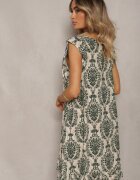  Rochie Boho Verde-Bej din Bumbac cu Bretele Decorată cu Volănaș Testalaya