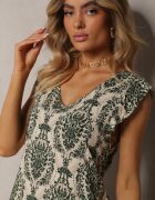  Rochie Boho Verde-Bej din Bumbac cu Bretele Decorată cu Volănaș Testalaya