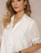  Rochie Cămașă Albă cu Dantelă Ajurată și Nasturi Decorativi Demeta