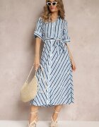  Rochie Cămașă Albastră Legată în talie Cu dungi Nastika