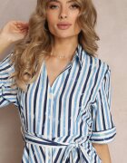  Rochie Cămașă Albastră Legată în talie Cu dungi Nastika