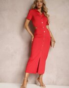  Rochie cămașă roșie cu nasturi cu decupaje decorative în talie și cu încrețituri Tavlea
