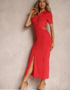  Rochie cămașă roșie cu nasturi cu decupaje decorative în talie și cu încrețituri Tavlea