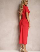  Rochie cămașă roșie cu nasturi cu decupaje decorative în talie și cu încrețituri Tavlea