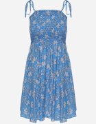  Rochie cambrată din bumbac albastră cu bretele decorată cu legătură la spate Nelorine