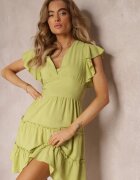  Rochie Cintrată Mini Verde deschis Decorată cu volane Salleni