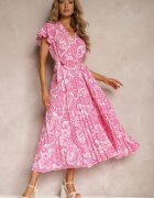  Rochie Cloche Roz cu Decolteu Triunghiular cu Curea din Material și Elastic în Talie Carimi