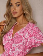  Rochie Cloche Roz cu Decolteu Triunghiular cu Curea din Material și Elastic în Talie Carimi