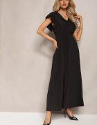  Rochie Cloș Neagră cu Pliuri Maxi cu Volane la Umeri Nethula