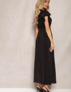  Rochie Cloș Neagră cu Pliuri Maxi cu Volane la Umeri Nethula