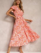  Rochie Cloș Portocalie cu Decolteu Triunghiular Curea din Material și Elastic în Talie Carimi