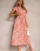  Rochie Cloș Portocalie cu Decolteu Triunghiular Curea din Material și Elastic în Talie Carimi