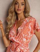  Rochie Cloș Portocalie cu Decolteu Triunghiular Curea din Material și Elastic în Talie Carimi